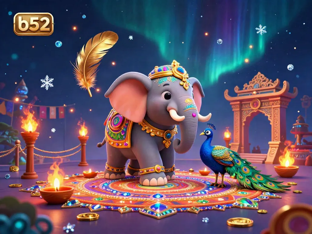 Experience the vibrant b52 casino game with dynamic elements, featuring an ornate elephant and peacock.