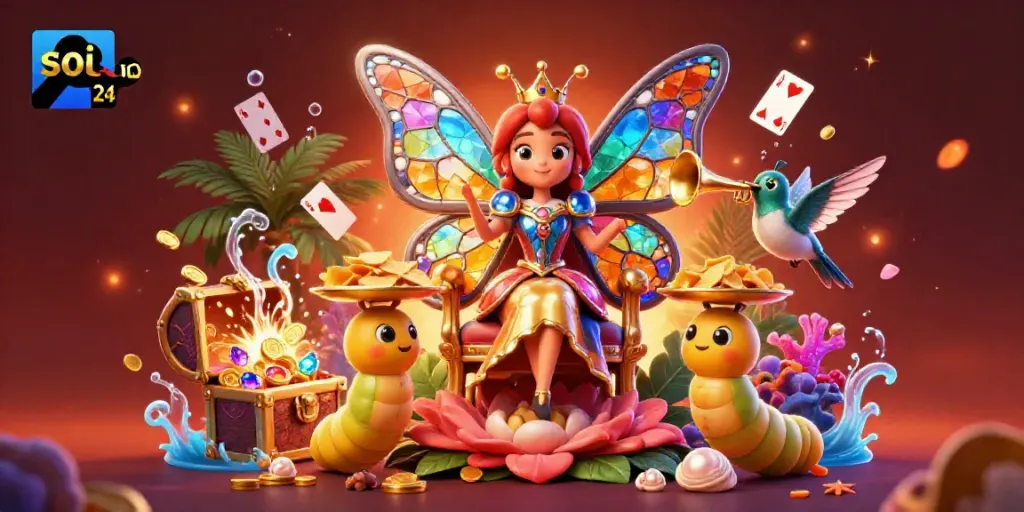 Soi cầu 24h illustration depicting a vibrant, engaging scene with a butterfly queen, chips, and magical underwater treasures.