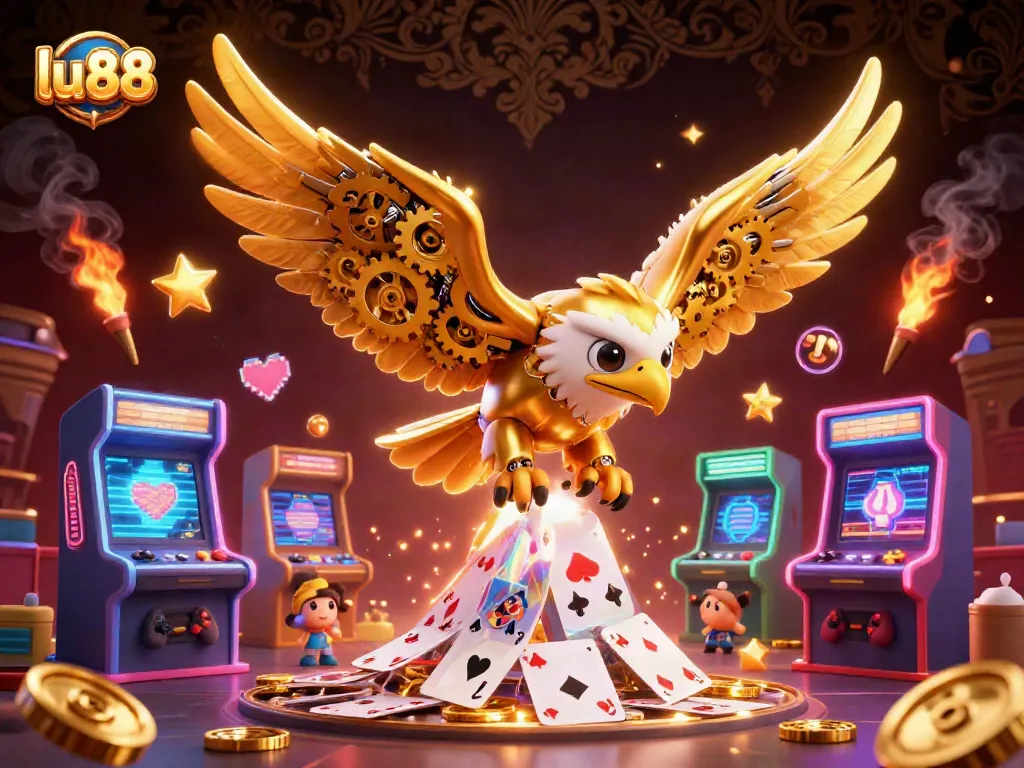 Experience thrilling gameplay at lu88 with a cybernetic eagle diving through holographic cards, surrounded by arcade game elements.