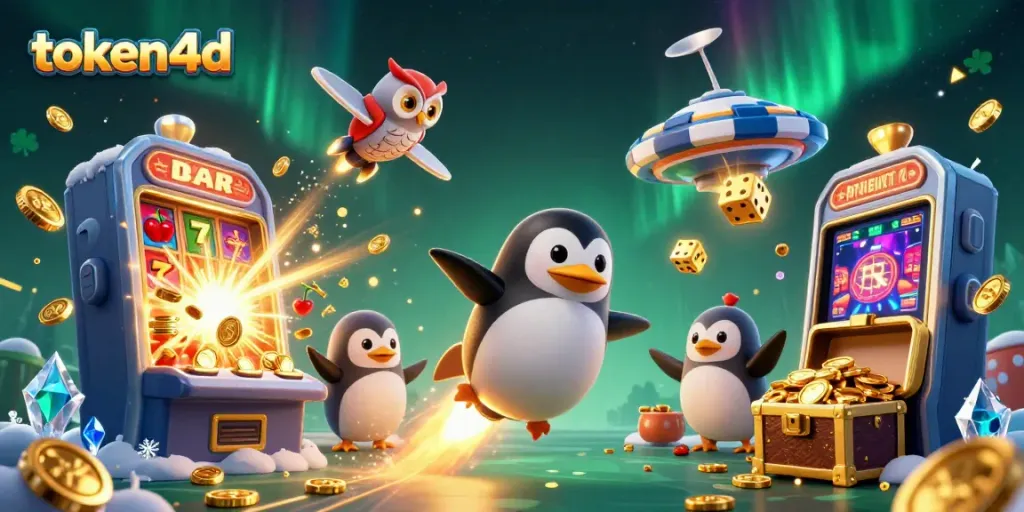 Permainan slot online token4d dengan jackpot menarik dan karakter penguin emas berenergi.