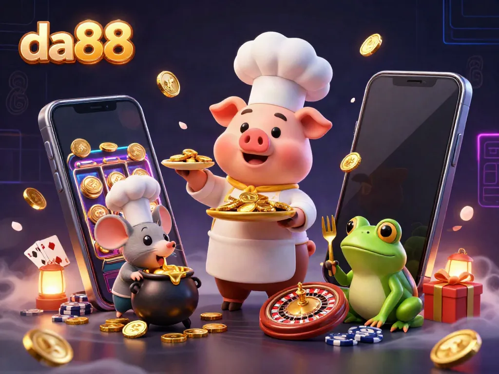 Engage with da88's vibrant casino fantasy featuring a chef pig, tasting mouse, and critic frog amid swirling gold.