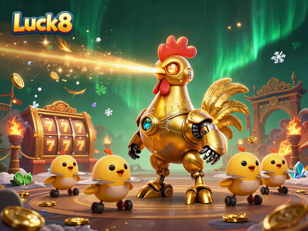 Experience the excitement of Luck8 with a golden rooster robot and baby chick drones amid dynamic slot game elements.