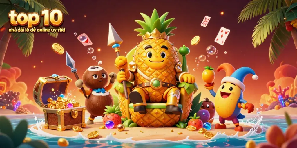 Engage with top 10 nhà cái lô đề online uy tín in an exciting casino-themed scene with a golden pineapple king.