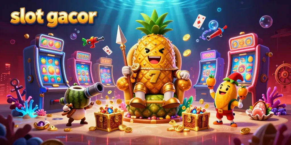 Permainan slot gacor menampilkan raja nanas, penjaga kelapa, dan badut mangga di kasino pantai.