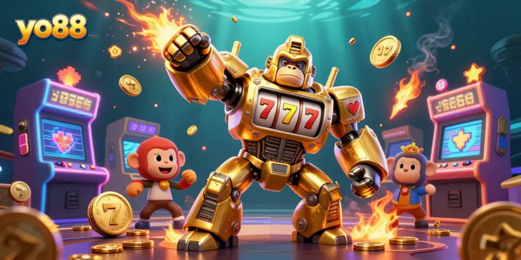 Experience exciting casino action with yo88 featuring a golden gorilla mech and vibrant game elements.