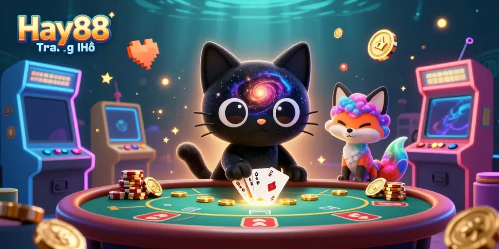 Engage in the excitement of Hay88 Trang Chủ with a cosmic poker scene featuring a black hole cat and colorful fox.
