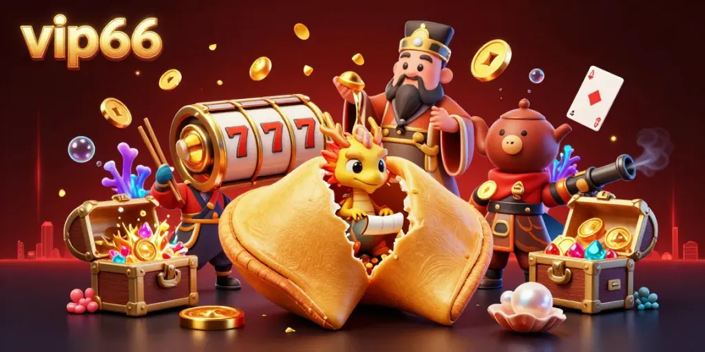 Engage with thrilling vip66 casino adventures, featuring victorious dragons, fortune cookies, and dynamic slot elements.