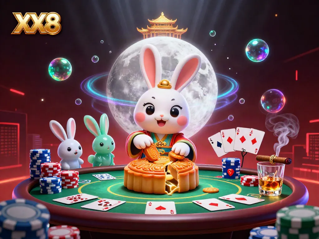 Engage with XX8's thrilling casino elements in a fantasy lunar setting featuring poker chips and golden mooncakes.