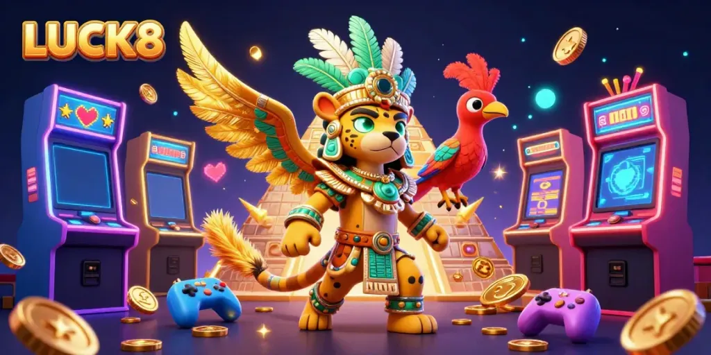 Experience LUCK8 in a vibrant 3D scene with jackpot slots and Mayan elements for immersive gaming.