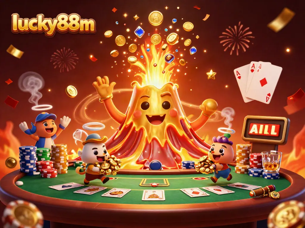 Engage with the exciting lucky88m casino experience featuring a golden volcano erupting coins and treasure.