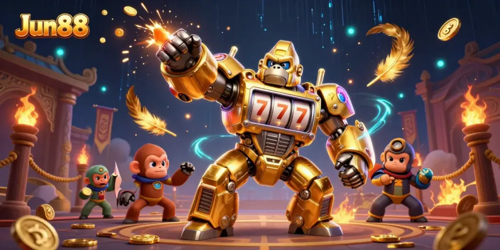 Experience thrilling wins with Jun88's vibrant casino adventure featuring an action-packed gorilla mech.