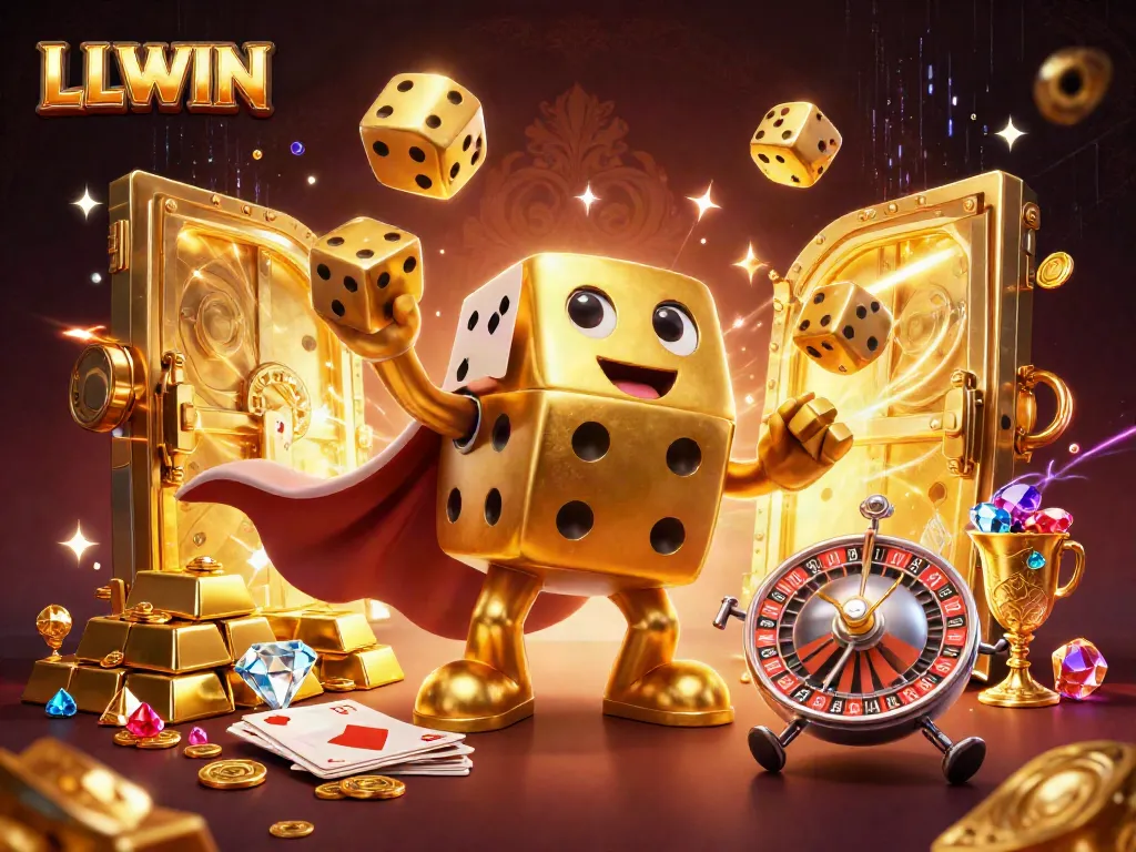 Experience the excitement of LLWIN with a vibrant 3D casino scene featuring a golden dice golem and treasure elements