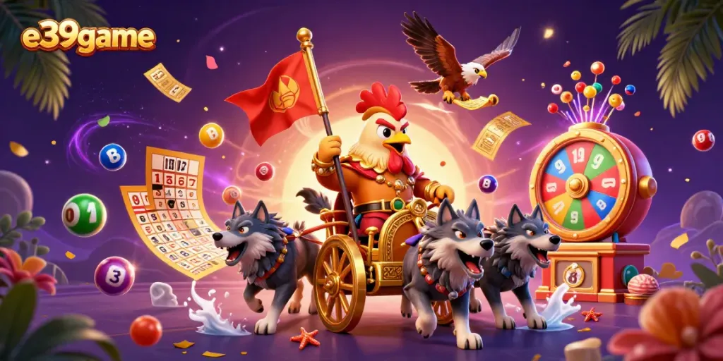 Engaging scene featuring a rooster warlord, casino elements, and vibrant lottery themes, ideal for e39game excitement.