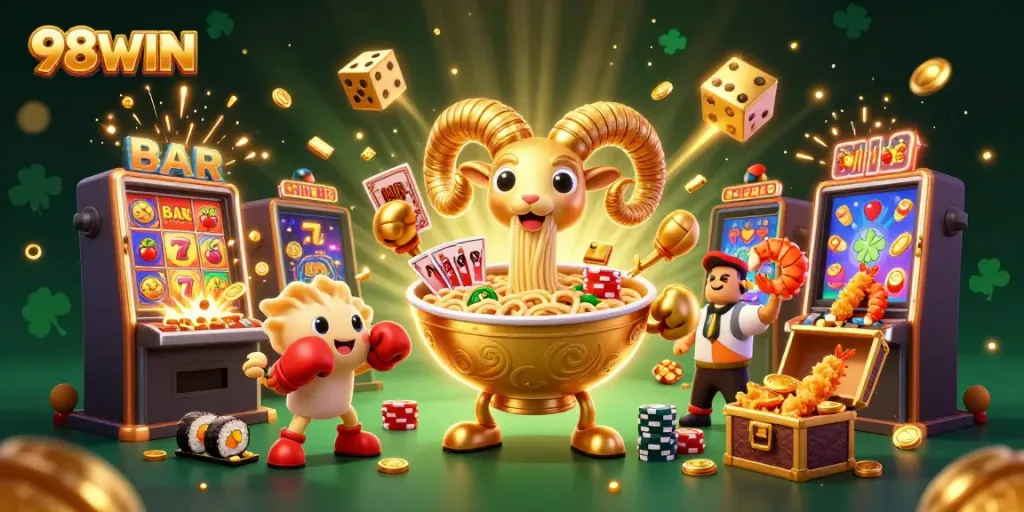 Engage in exciting gaming adventures with 98WIN in this lively illustrated scene filled with vibrant casino elements.