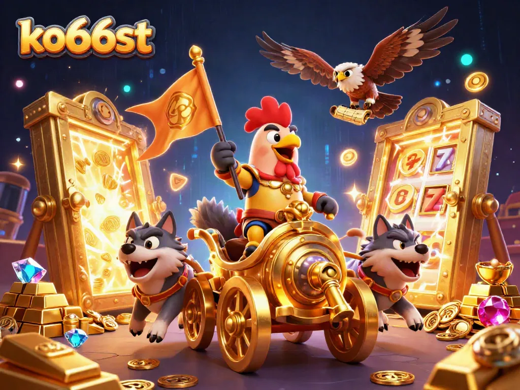 Experience the thrill of winning at ko66st with a vibrant 3D illustration depicting a rooster warlord amidst riches and slot elements.