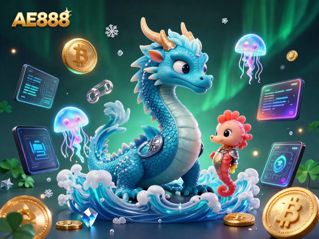 Experience AE888 with a dynamic illustration featuring mythical creatures and vibrant gambling elements.