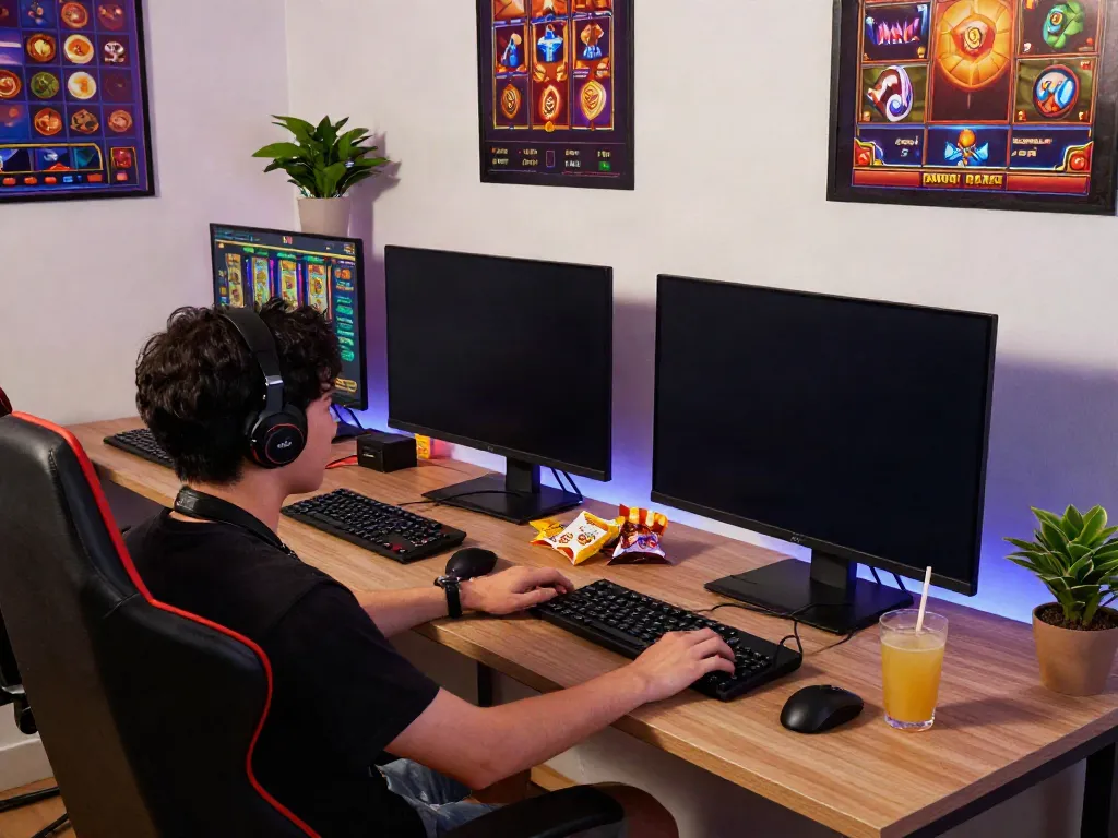 Player enjoying slot Thailand games on computer and mobile in a cozy gaming setup.