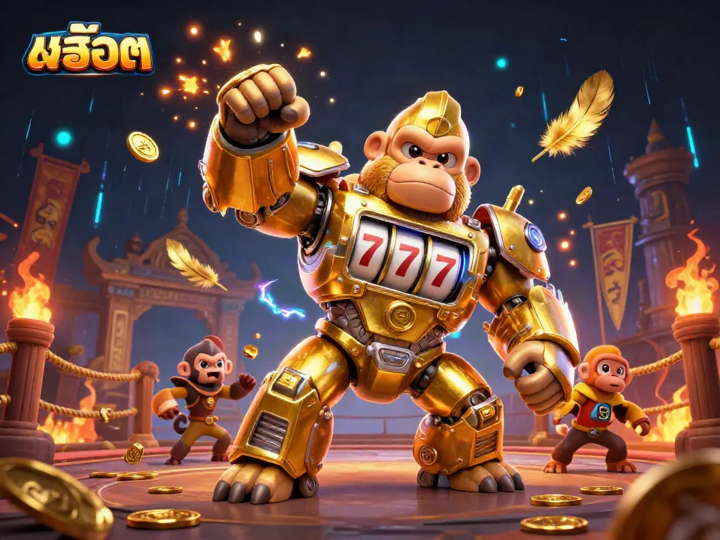 Spin the reels of สล็อต in this vibrant 3D scene featuring a golden gorilla mech, dynamic elements, and casino excitement.
