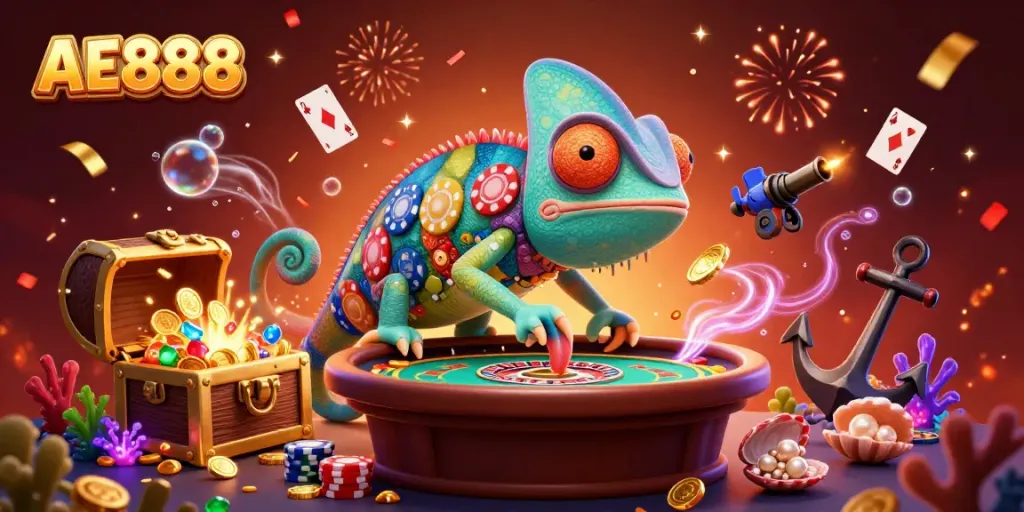 Experience the vibrant AE888 casino atmosphere with a dynamic chameleon owner and gaming elements.