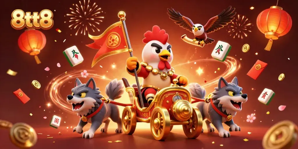 Join the adventure of 8tt8 with a cartoon rooster warlord leading a dynamic casino scene.