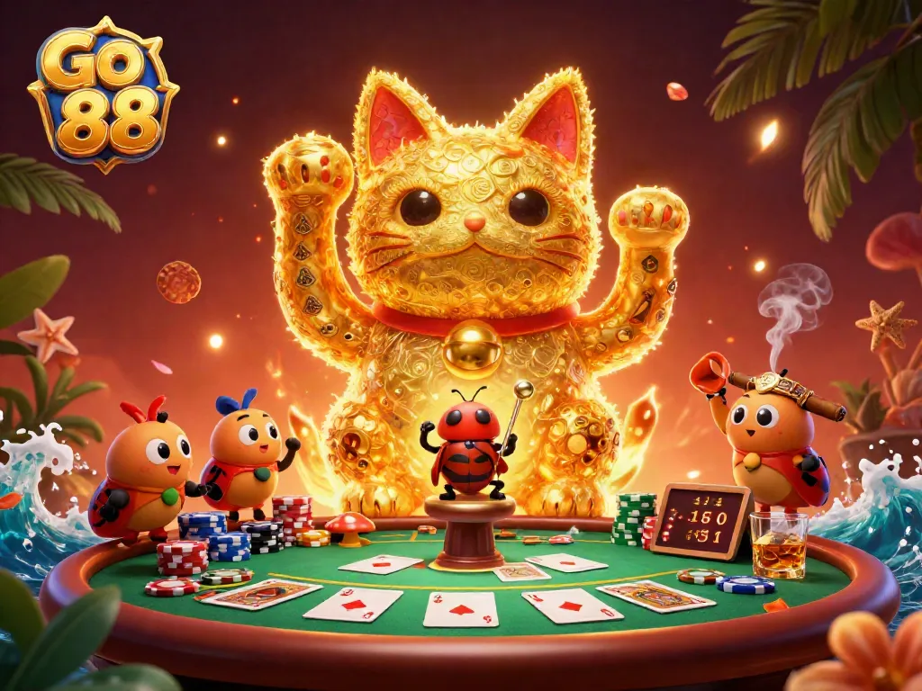 Engage with Go 88's vibrant casino scene featuring a lucky cat and poker elements.
