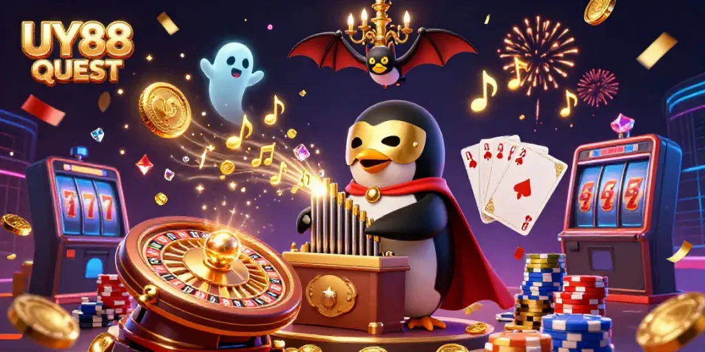 Experience the thrill of UY88 QUEST with vibrant casino games and characters in a dazzling 3D scene.