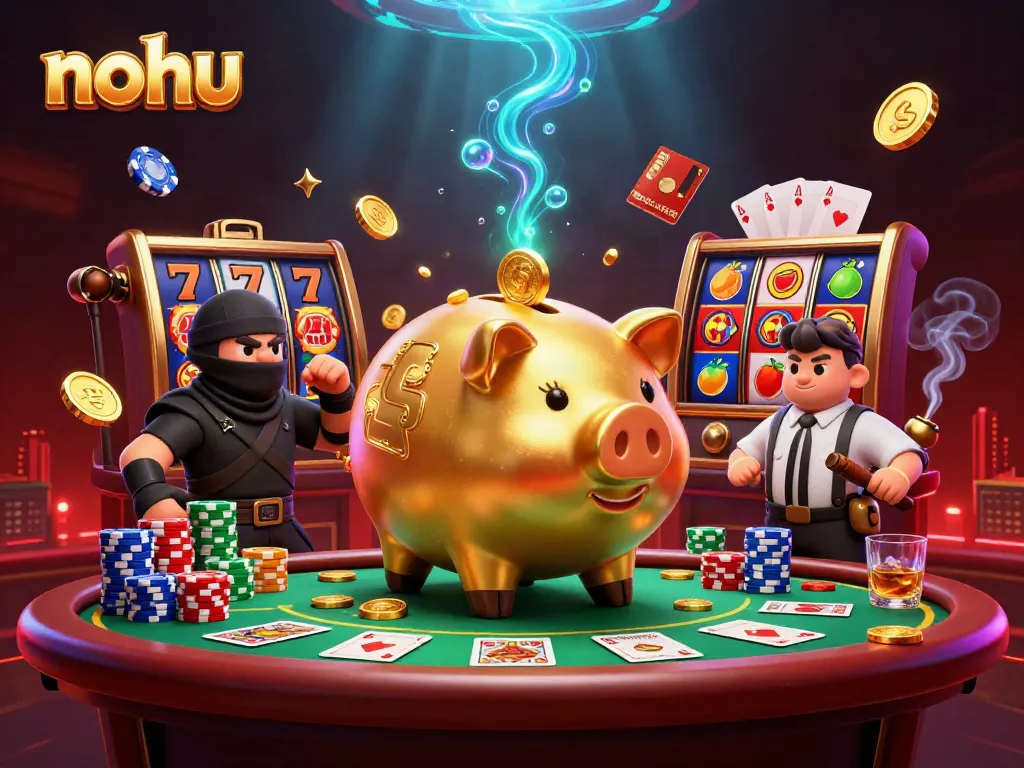 Experience thrilling nohu gameplay with a lavish golden piggy bank wrestler amidst vibrant casino elements.