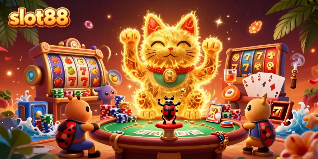 Slot88 menghadirkan permainan slot yang menarik dengan simbol unik dalam ilustrasi kasino.