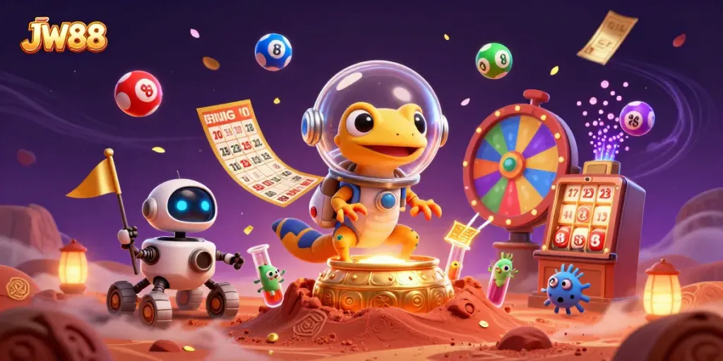 JW88 Martian gecko unveils a golden casino amidst a vibrant, dynamic gambling scene.