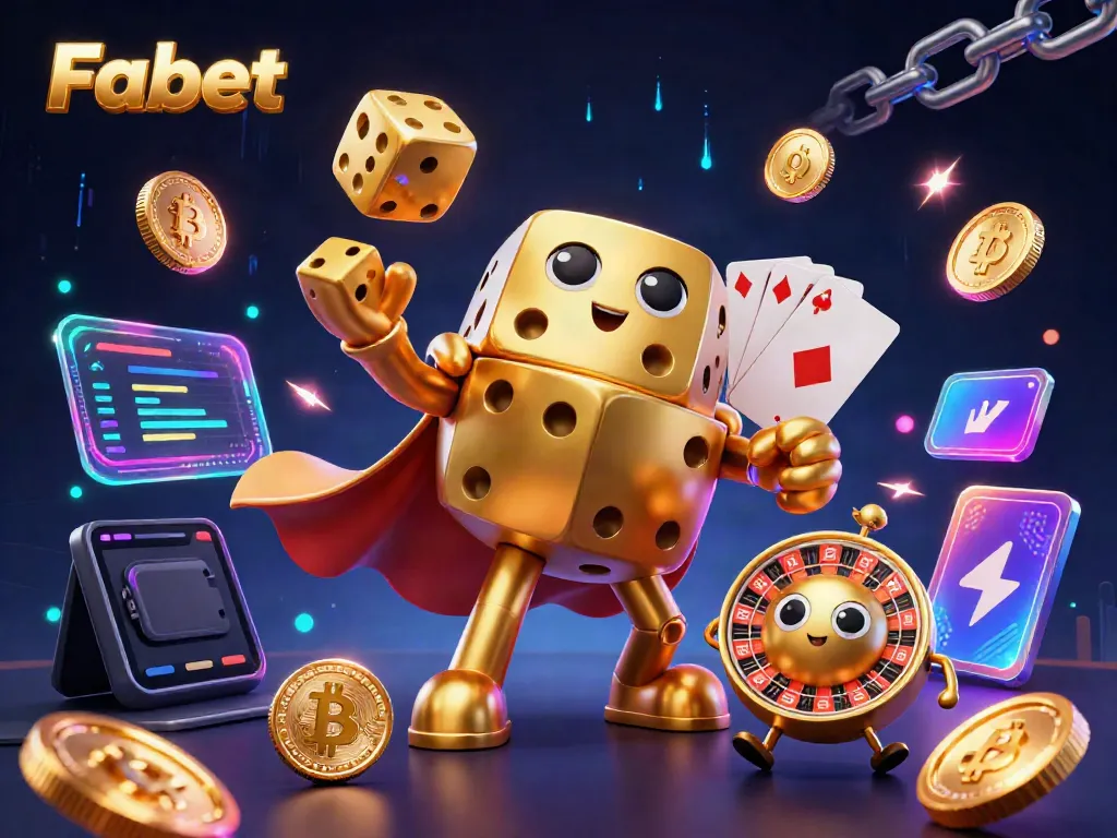 Engage with dynamic Fabet gameplay highlighted by a lively golden dice golem and crypto elements.