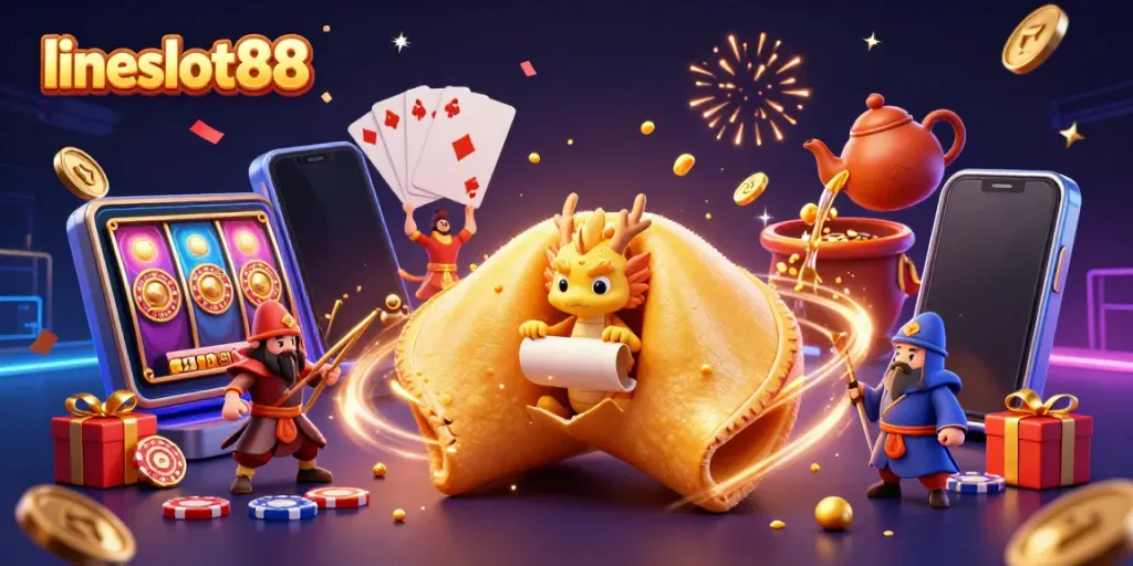 Engage with lineslot88 as a golden fortune cookie reveals lucky fortunes amidst vibrant casino elements.