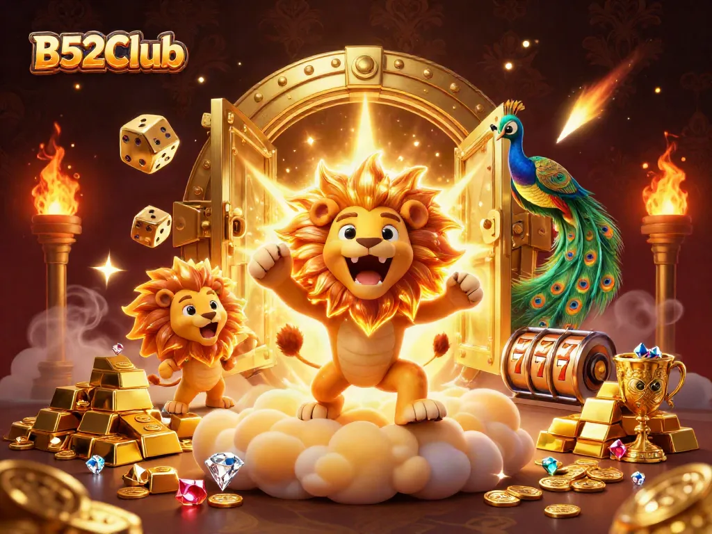 Engage in thrilling gaming at B52Club with vibrant visuals of golden treasures and dynamic characters.