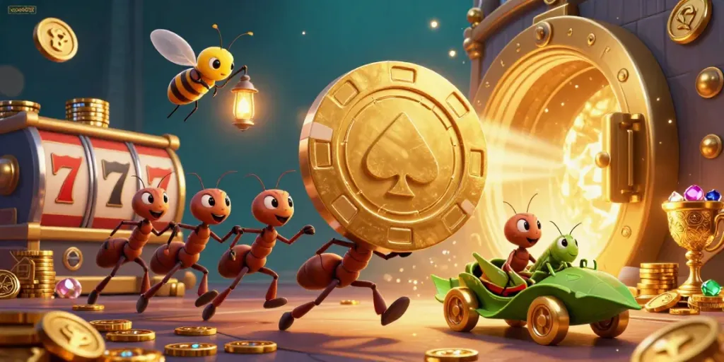 Engage in thrilling heists at xoso6678 with ants, golden poker chips, and dynamic casino elements.