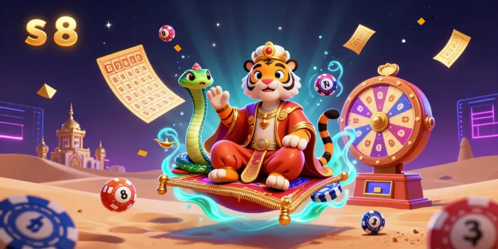 Engage in thrilling games with s 8 as the vibrant scene features a tiger sultan and dynamic lottery elements.