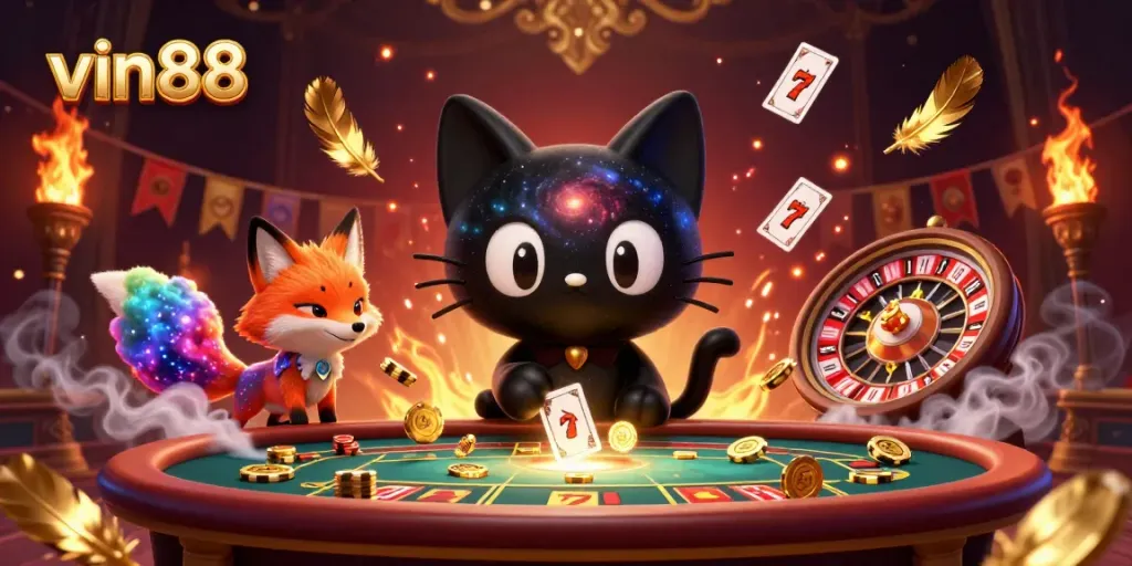 Experience vin88 at a cosmic casino with a charming black hole cat and colorful fox.