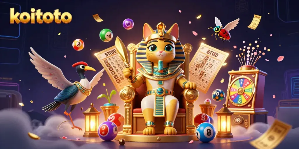 Permainan togel di KOITOTO, dengan bola lotere berwarna-warni dan efek kemenangan yang menakjubkan.