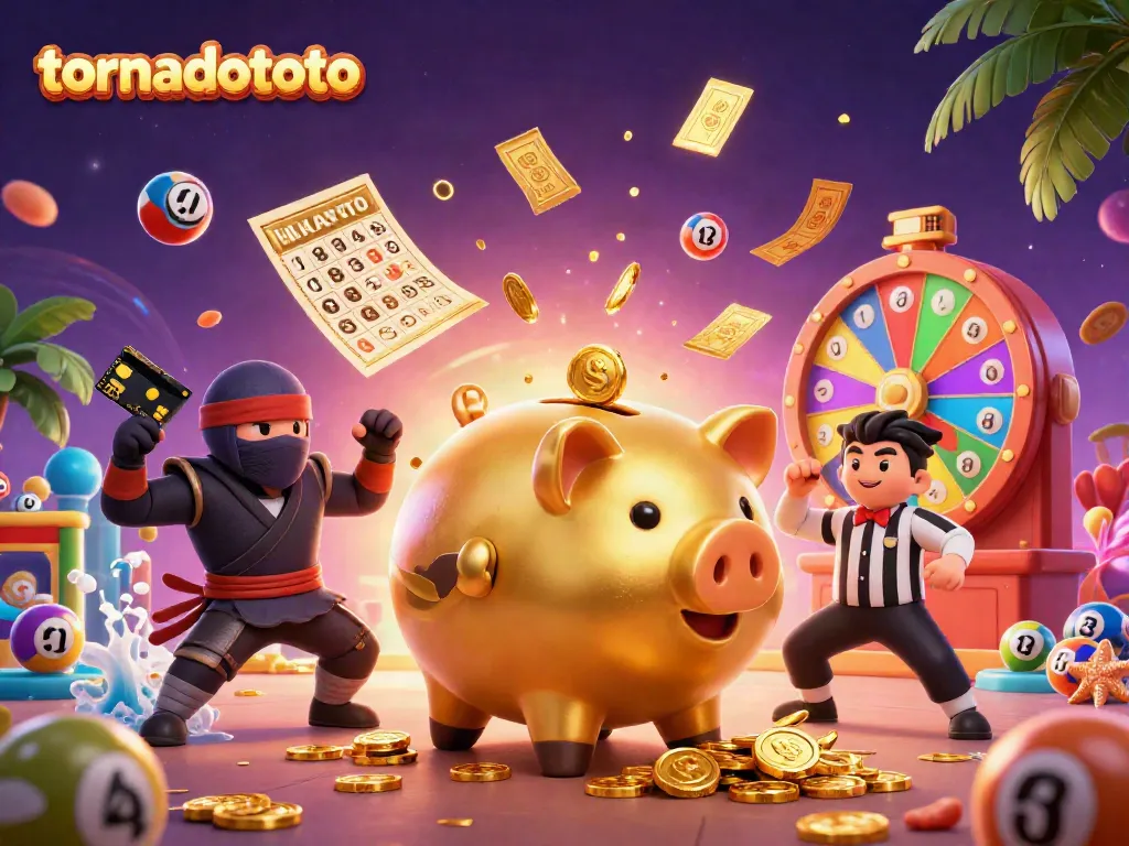 Tornadototo brings excitement with a golden piggy bank sumo wrestler and vibrant casino elements.