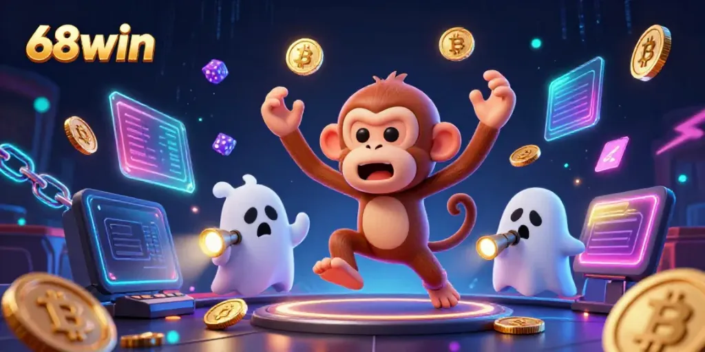Experience thrilling moments at 68win with a playful monkey and a curious puppy in a dynamic casino scene.