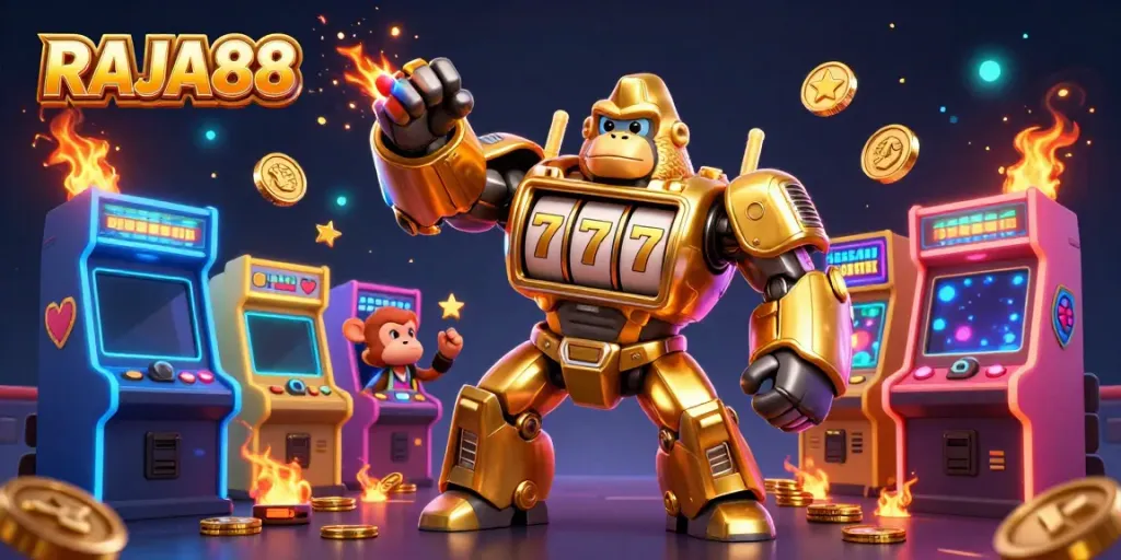 Experience RAJA88 excitement with a golden gorilla mech celebrating slot machine wins!