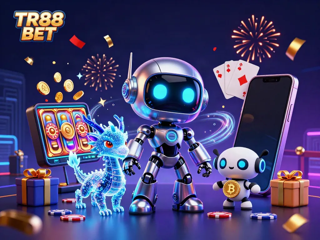 Experience thrilling gaming with TR88 BET's vibrant 3D casino scene featuring unique characters and game elements.