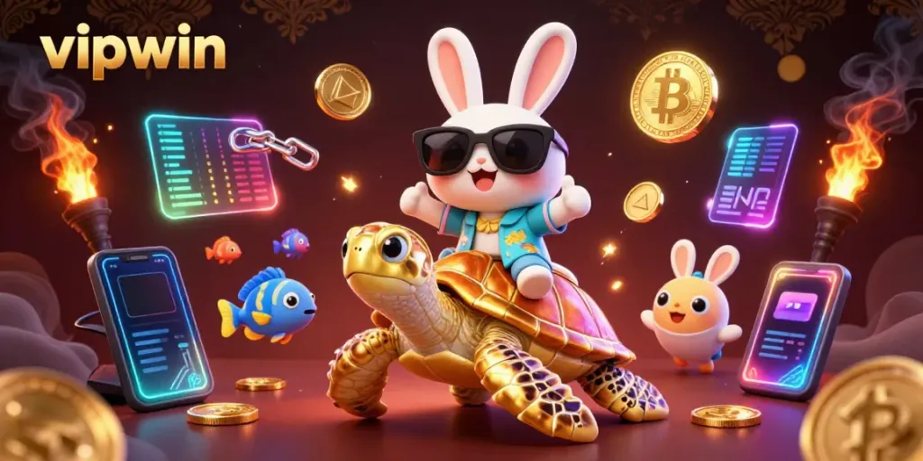 Engage with vipwin's exciting casino adventures featuring luck with animated characters and glowing crypto coins.