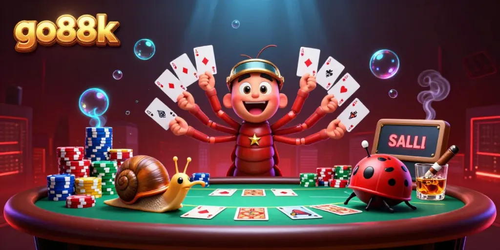 Engage in exciting gameplay with go88k in this vibrant casino scene featuring a millipede dealer and high-rolling snail.