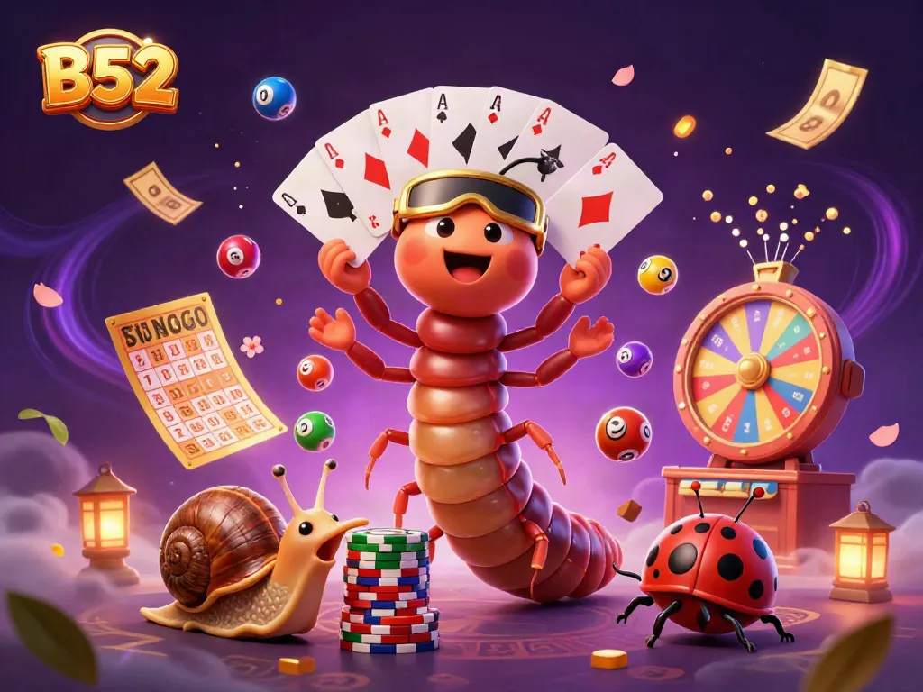 B52 gaming scene with a millipede dealer managing cards, a snail high-roller, and lively lottery elements.