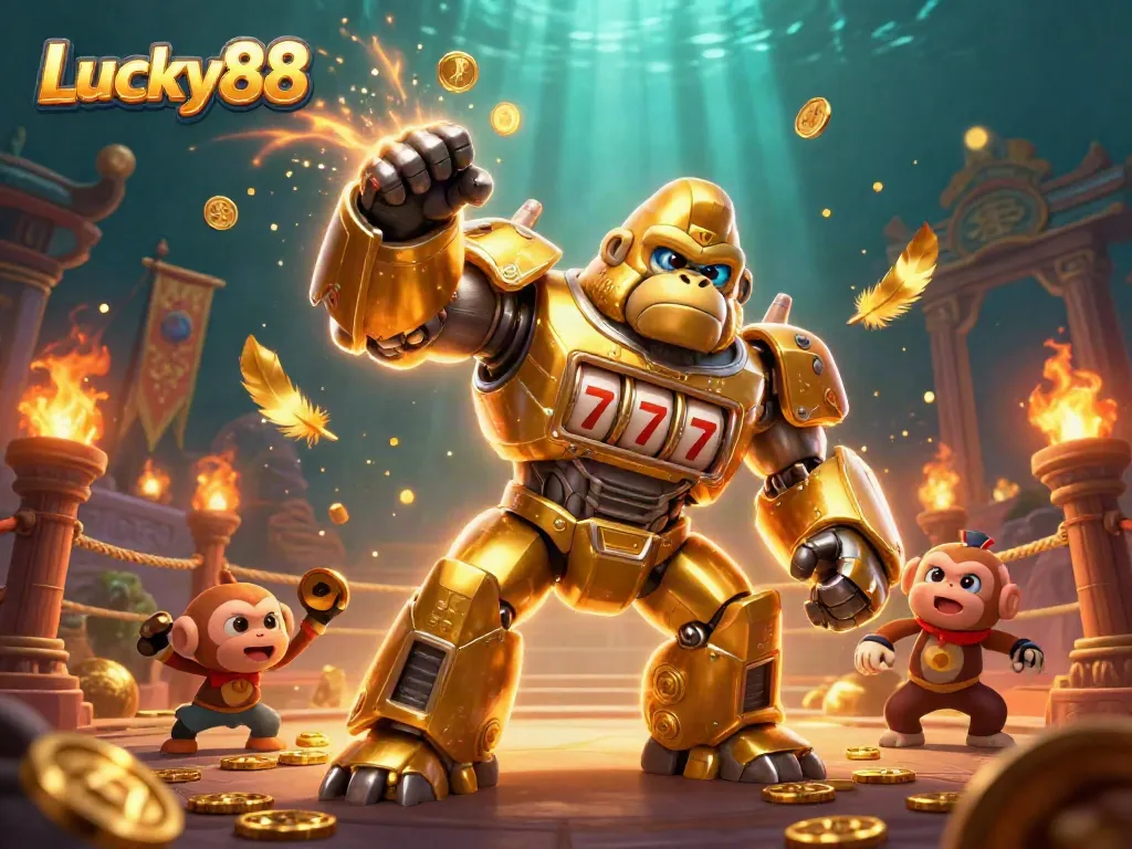 Experience the excitement of Lucky88 with a golden gorilla mech surrounded by a dynamic casino scene.