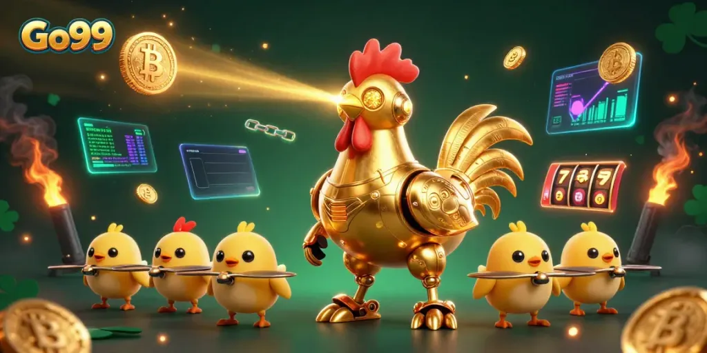Go99 showcases a captivating golden rooster robot amidst Bitcoin and slot game elements, symbolizing rich gambling adventures.