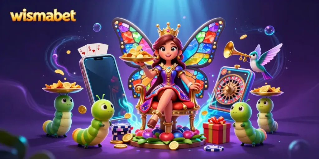 Permainan slot WISMABET menghadirkan slot dan chip emas dalam ilustrasi 3D cerah.