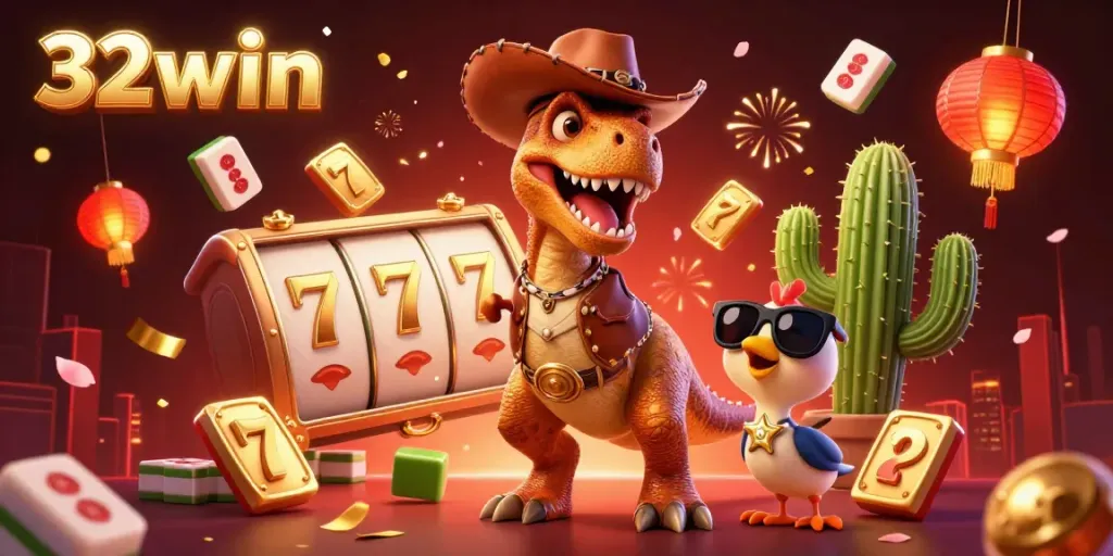 Engage with thrilling gaming at 32win, featuring vibrant characters amidst slot reels and festive elements.