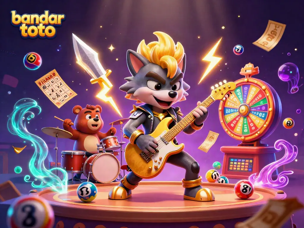 Menghadirkan bandar toto dalam ilustrasi 3D dengan karakter serigala rock star dan beruang drummer di panggung kasino.