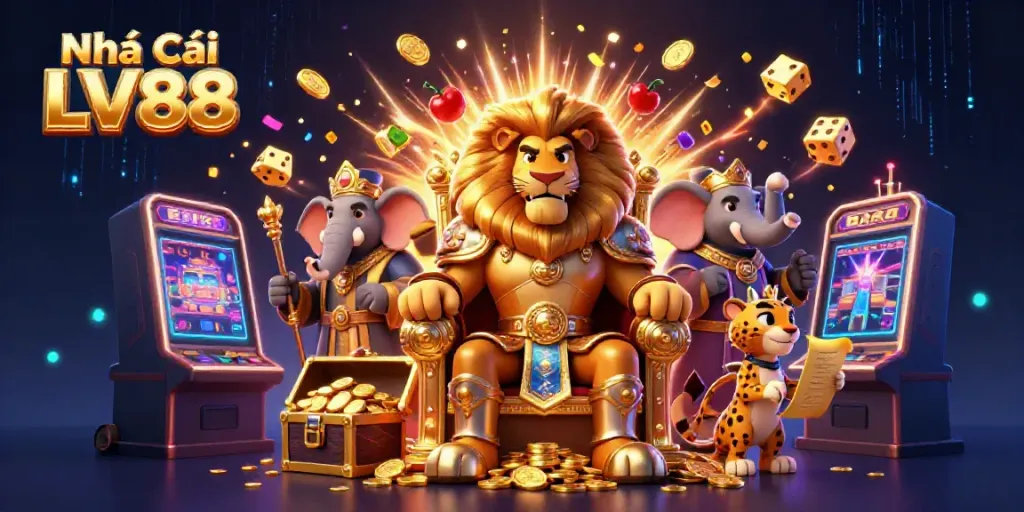 Experience the vibrant world of Nhà Cái LV88 with a fierce lion king and a gold-filled throne amidst casino elements.