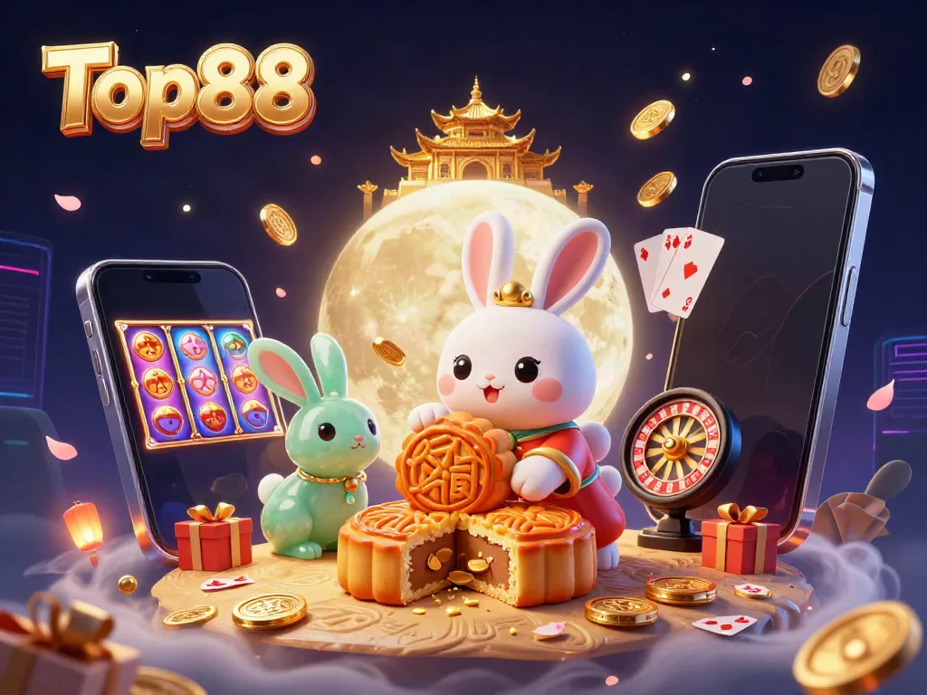 Engage with Top88's thrilling lunar casino adventure featuring poker chips and slot games.